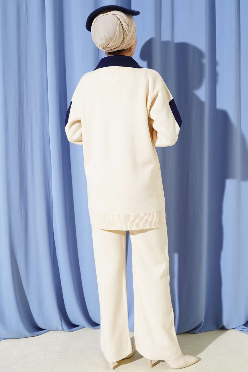 Gömlek Yaka Düğmeli Triko İkili Takım ekru