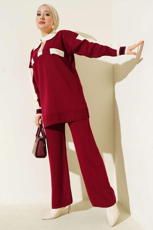 Gömlek Yaka Düğmeli Triko İkili Takım bordo