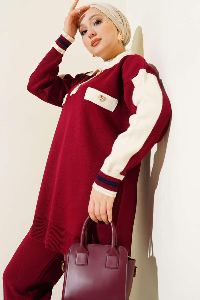 Gömlek Yaka Düğmeli Triko İkili Takım bordo