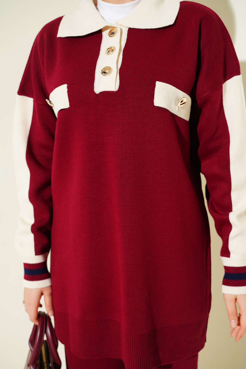 Gömlek Yaka Düğmeli Triko İkili Takım bordo