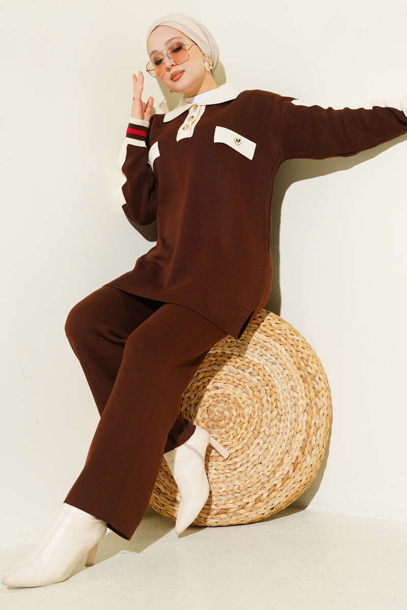 Gömlek Yaka Düğmeli Triko İkili Takım kahve