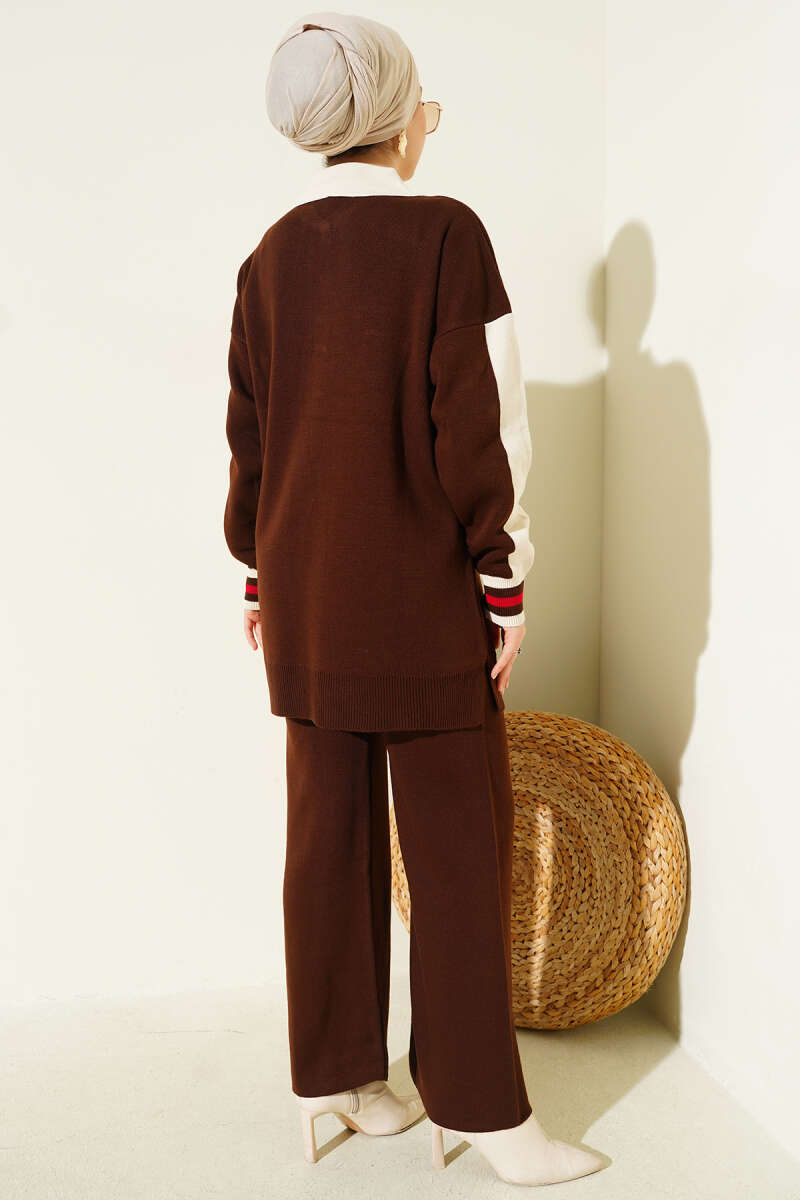 Gömlek Yaka Düğmeli Triko İkili Takım kahve