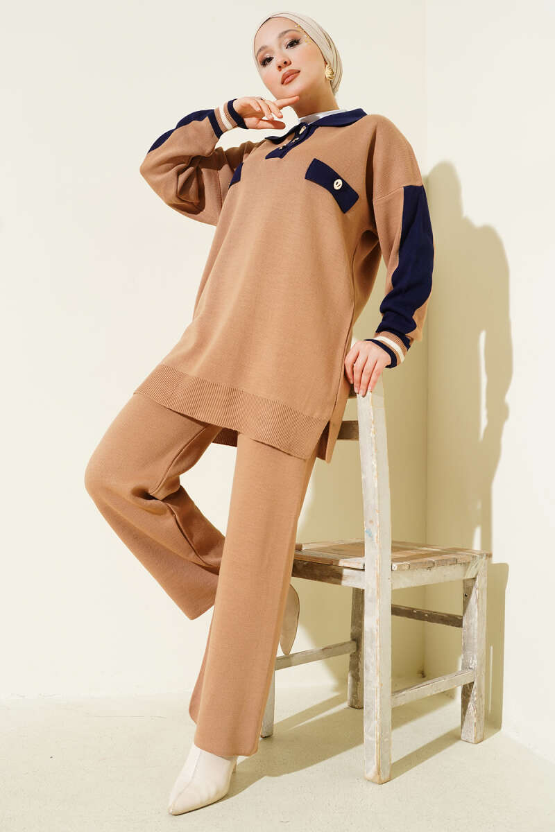 Gömlek Yaka Düğmeli Triko İkili Takım bej