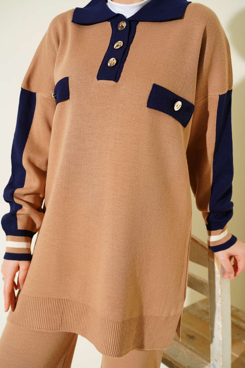 Gömlek Yaka Düğmeli Triko İkili Takım bej