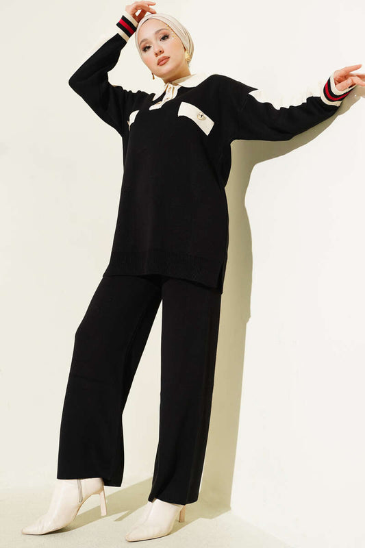 Gömlek Yaka Düğmeli Triko İkili Takım siyah