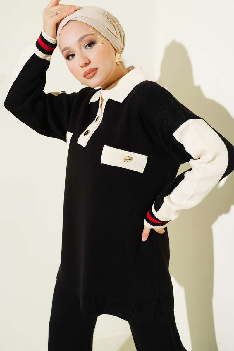 Gömlek Yaka Düğmeli Triko İkili Takım siyah