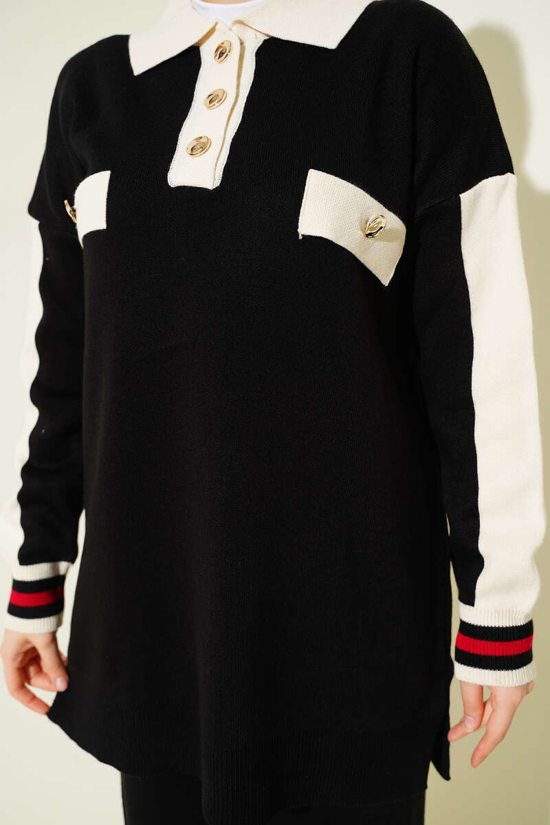 Gömlek Yaka Düğmeli Triko İkili Takım siyah