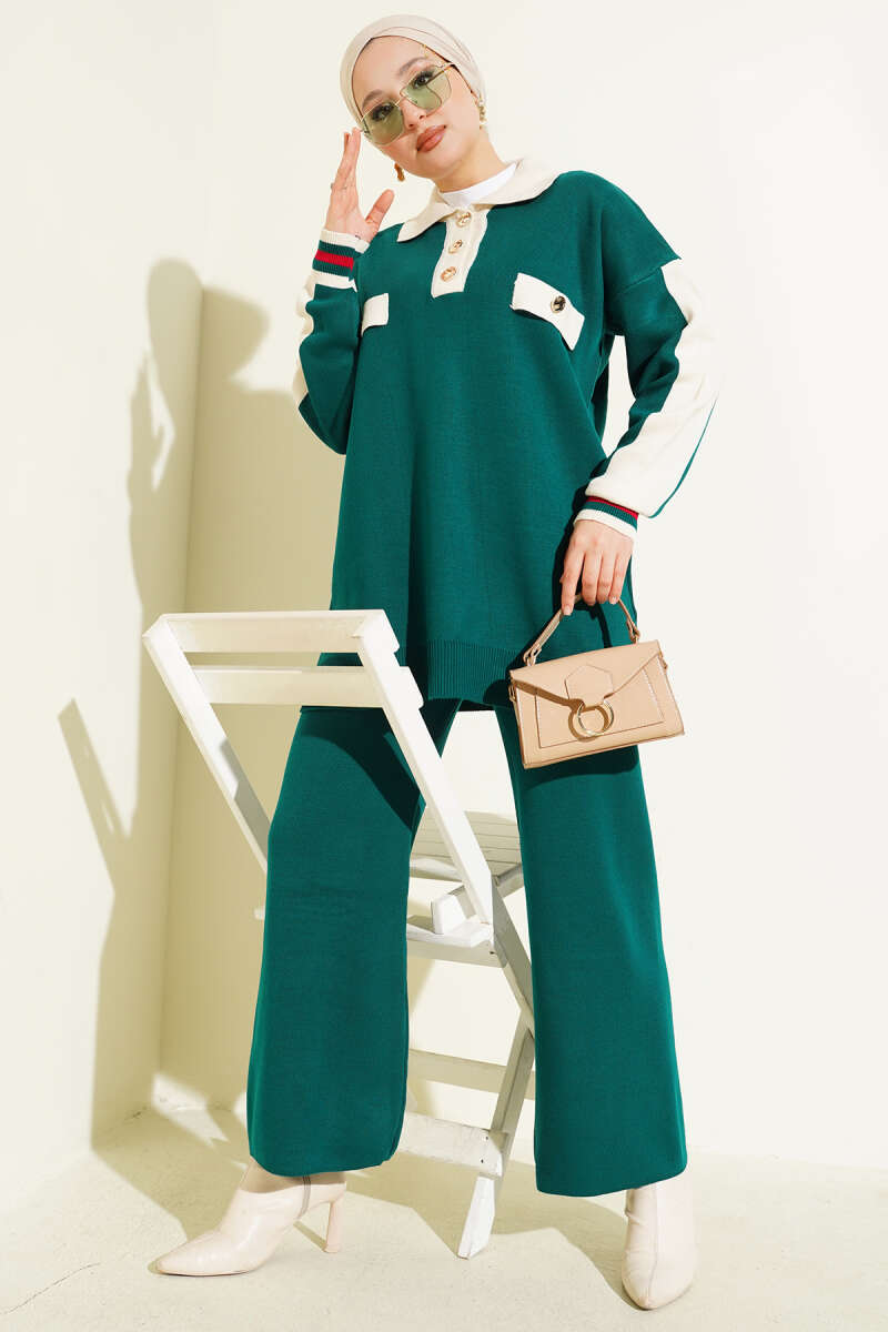 Gömlek Yaka Düğmeli Triko İkili Takım Zümrüt