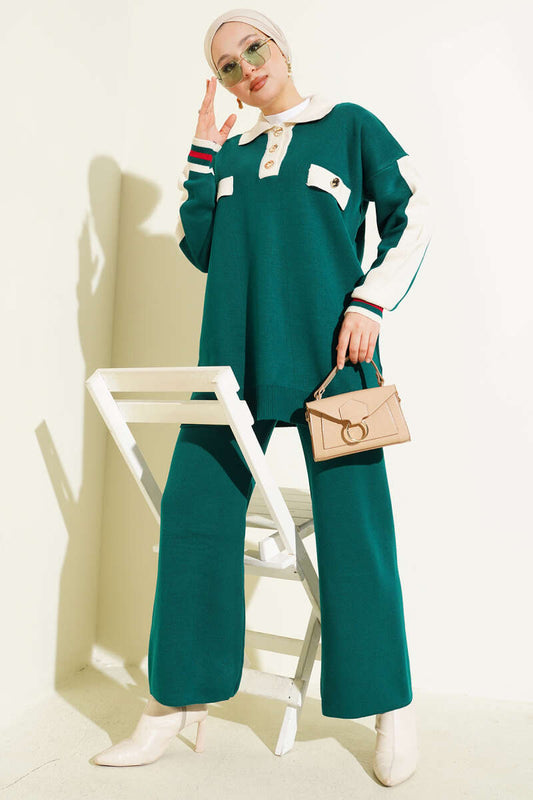 Gömlek Yaka Düğmeli Triko İkili Takım Zümrüt