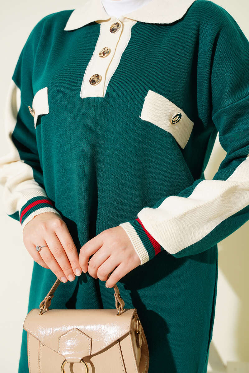 Gömlek Yaka Düğmeli Triko İkili Takım Zümrüt