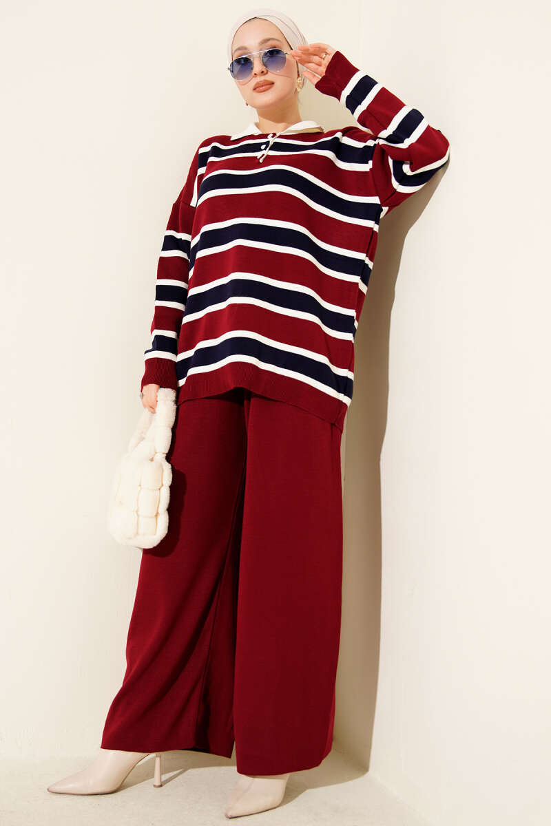 Ensemble double en tricot rayé col chemise bordeaux