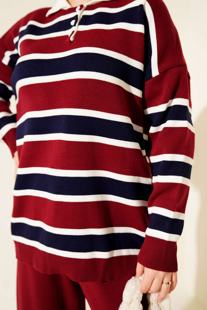 Ensemble double en tricot rayé col chemise bordeaux