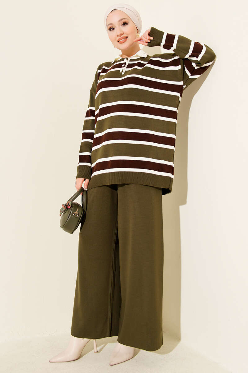Shirt Collar, Striped Knit Two-Piece Set Khaki