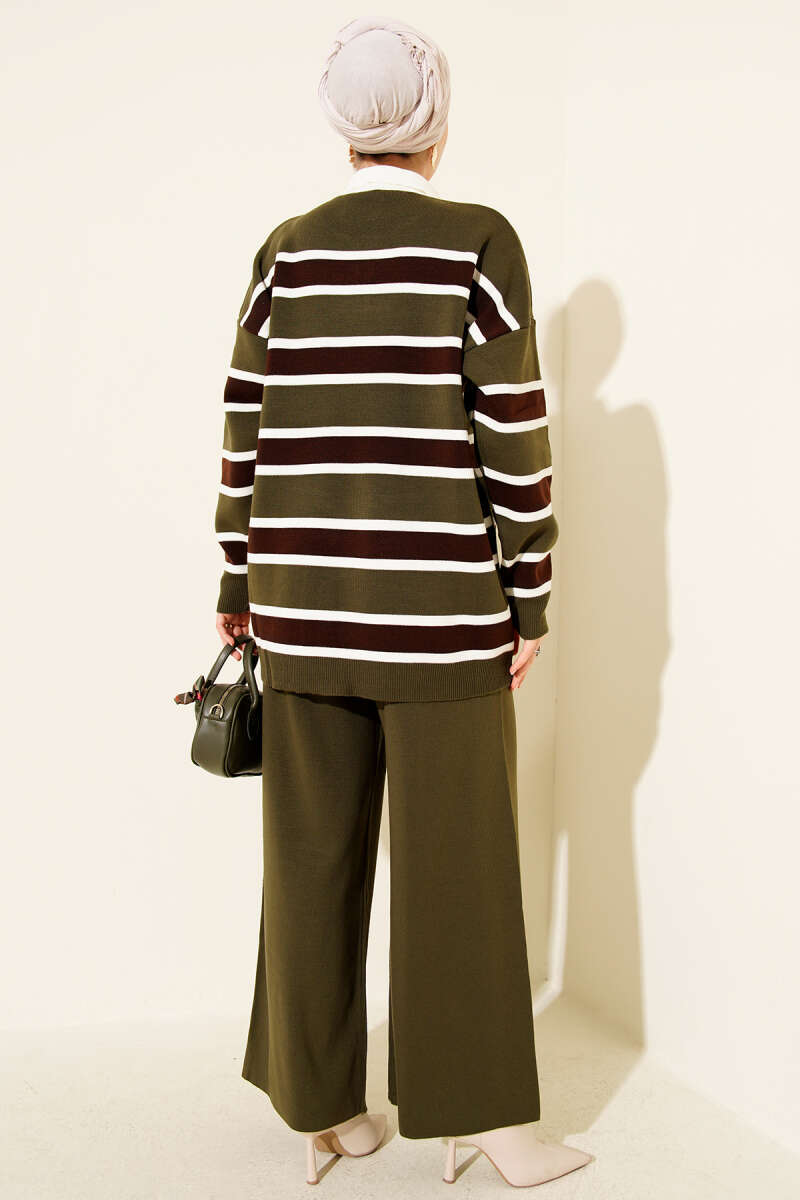 Shirt Collar, Striped Knit Two-Piece Set Khaki