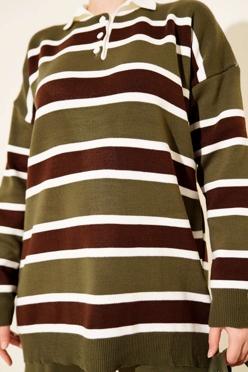 Shirt Collar, Striped Knit Two-Piece Set Khaki