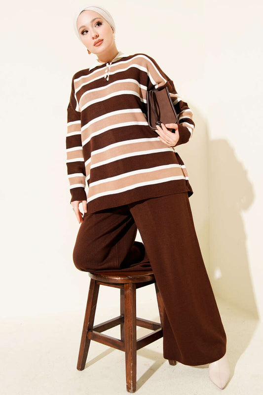 Gömlek Yaka, Çizgili Triko İkili Takım kahverengi