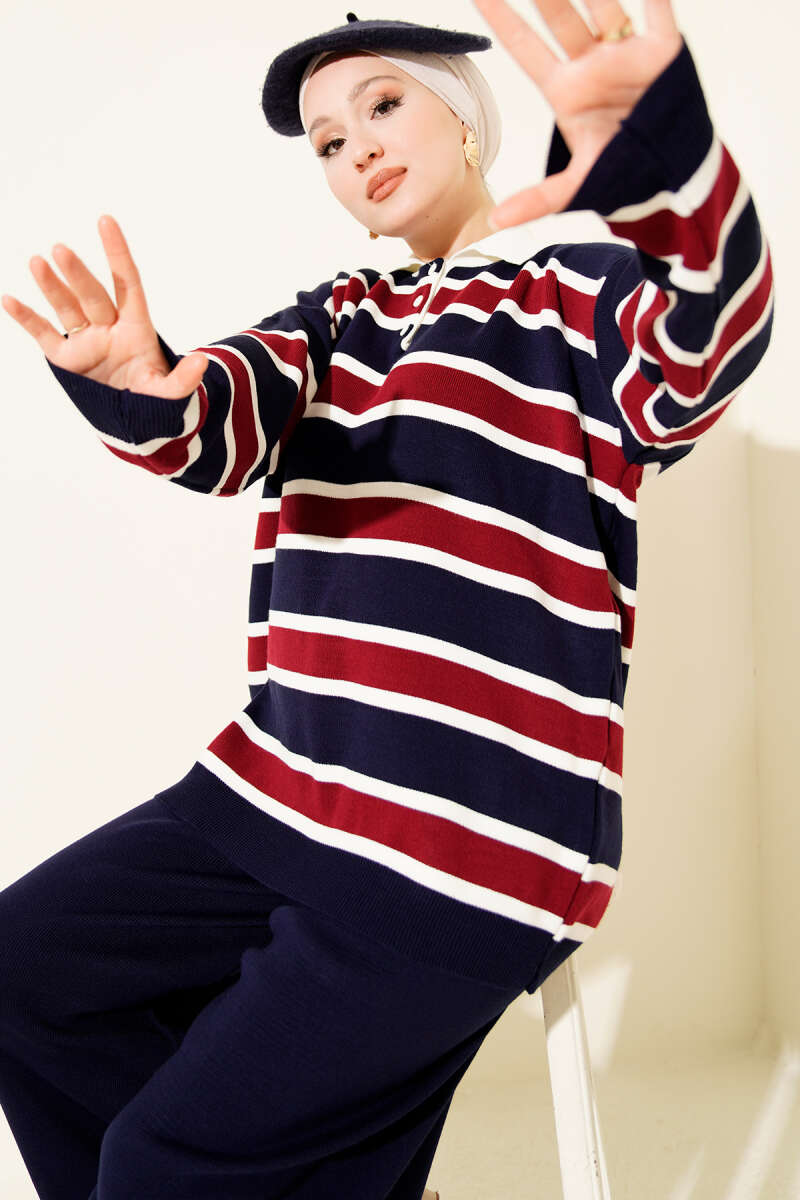 Shirt Collar, Striped Knit Two-Piece Set Navy Blue