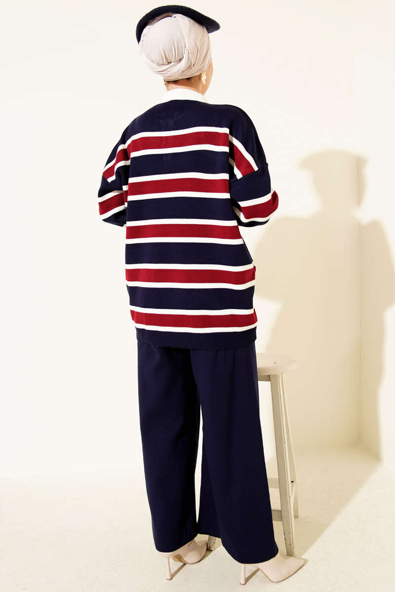 Shirt Collar, Striped Knit Two-Piece Set Navy Blue