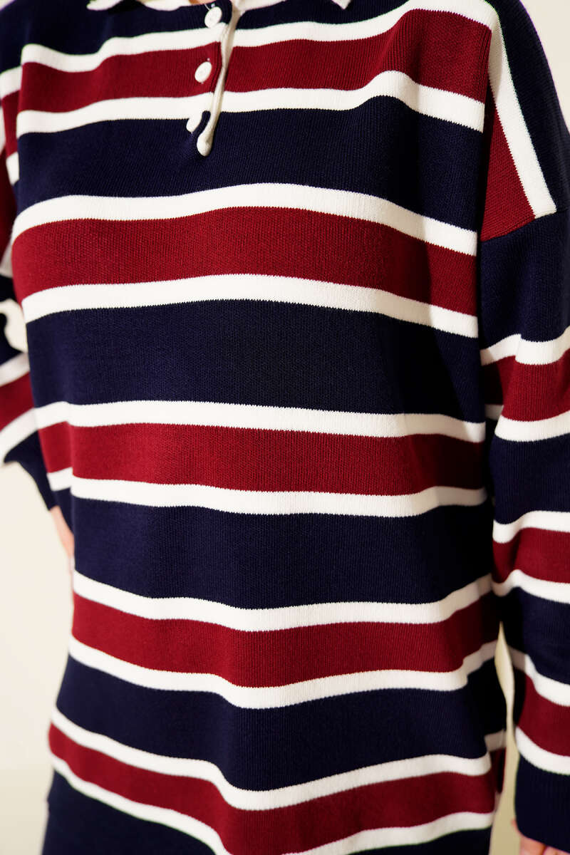 Shirt Collar, Striped Knit Two-Piece Set Navy Blue