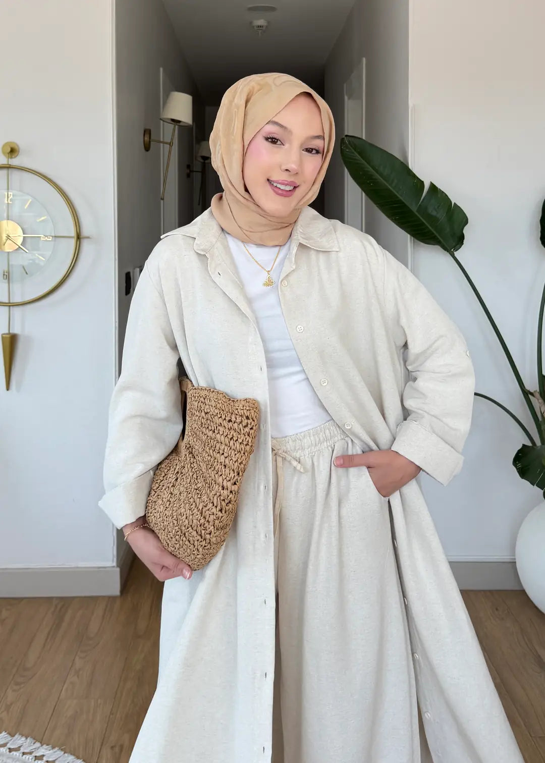 Pamuk keten ikili Takım bej