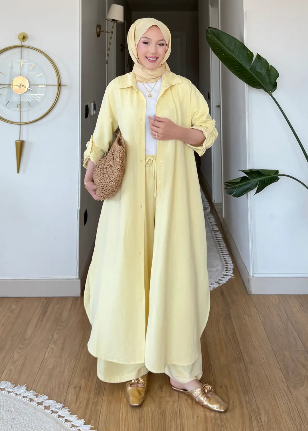 Pamuk keten ikili Takım sarı