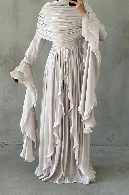 Volan Detaylı Fırfırlı  Tesettür Abiye taş