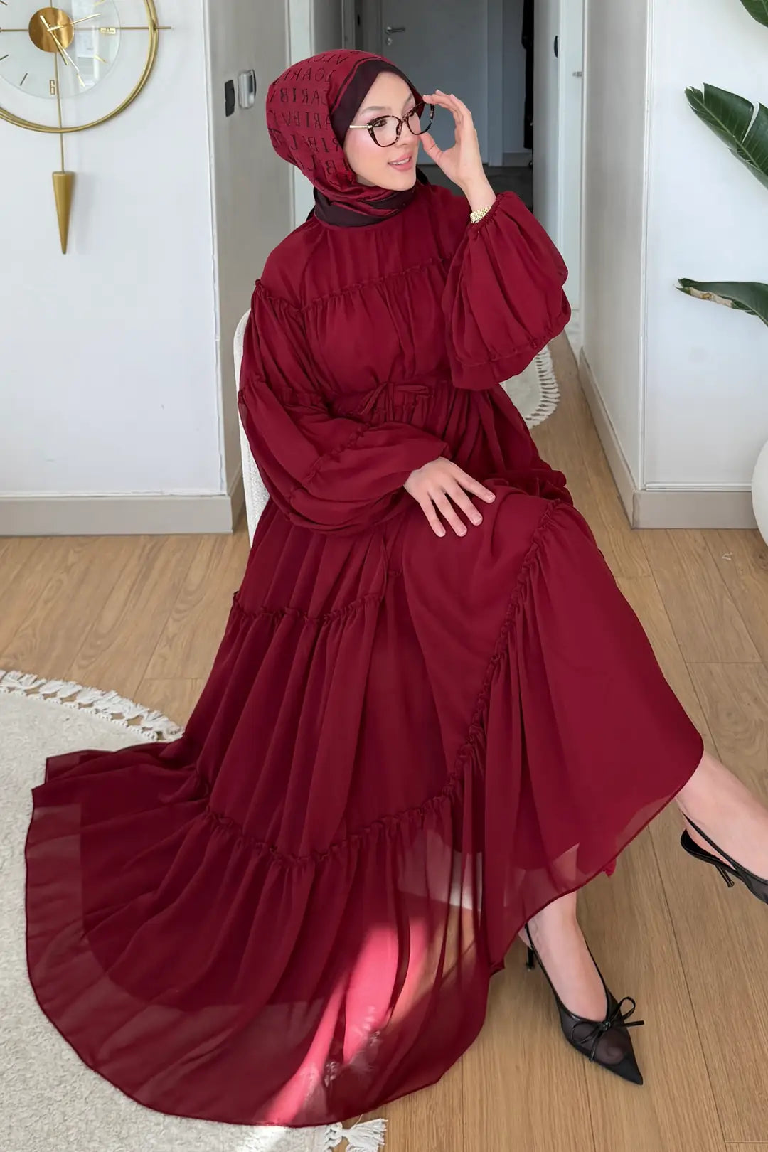 Astarlı şifon Elbise bordo