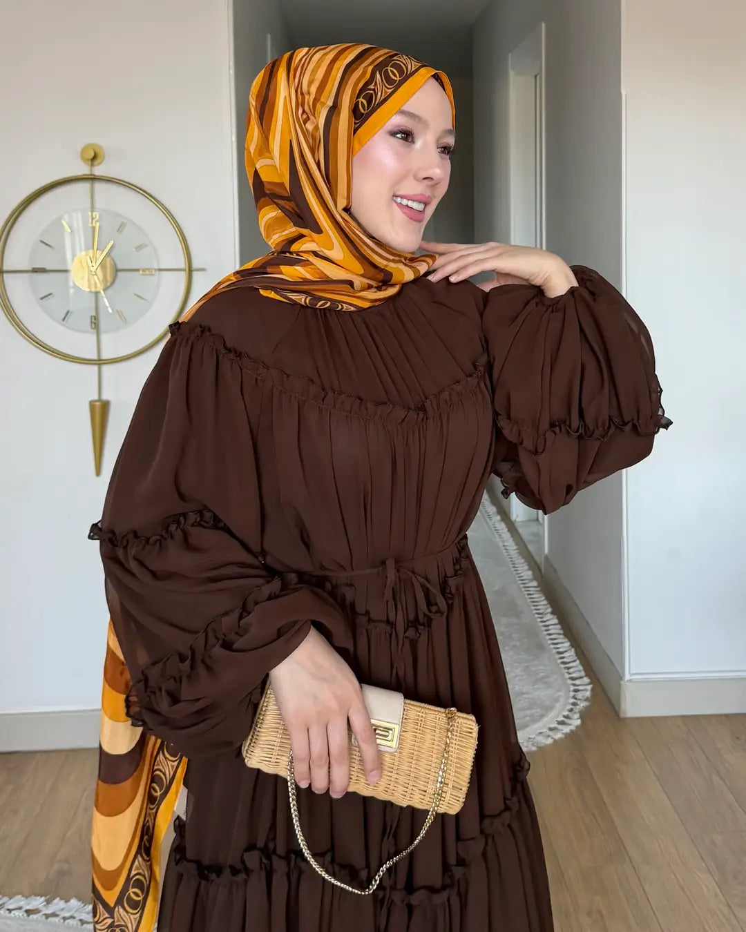 Astarlı şifon Elbise kahve