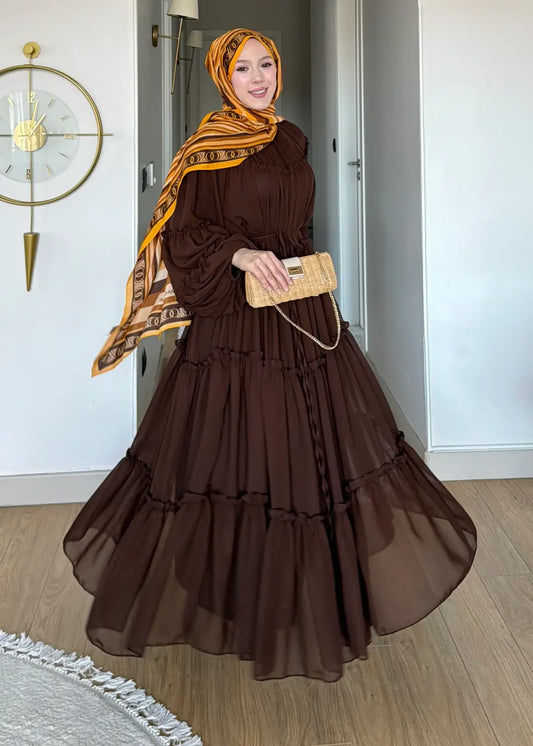 Astarlı şifon Elbise kahve