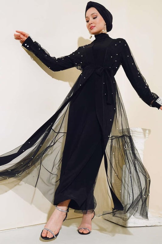 İnci Tül Abaya Takımı siyah