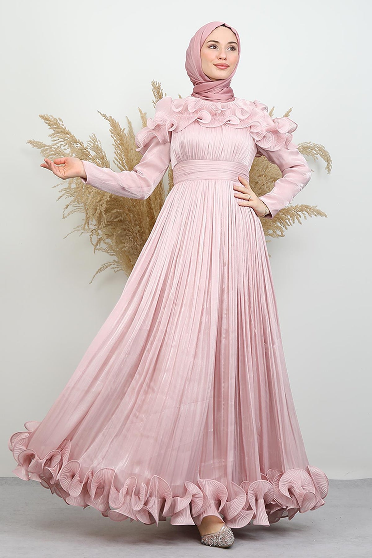 Kabartma Detay Abiye Soft pembe