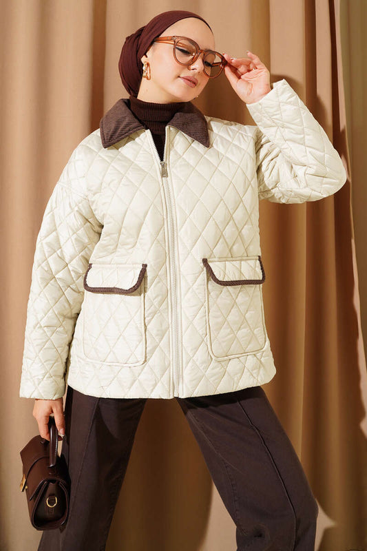 Kadife Yaka Kapitone Mont bej