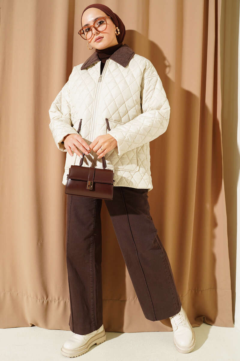 Kadife Yaka Kapitone Mont bej