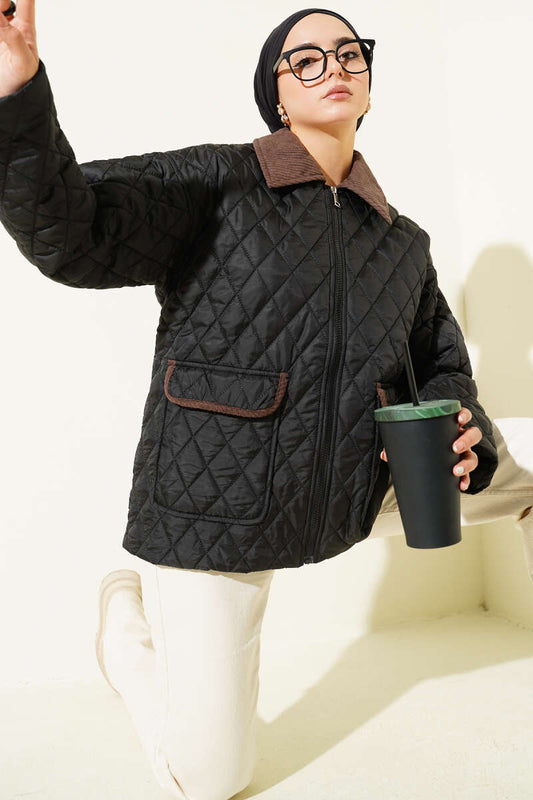 Kadife Yaka Kapitone Mont siyah