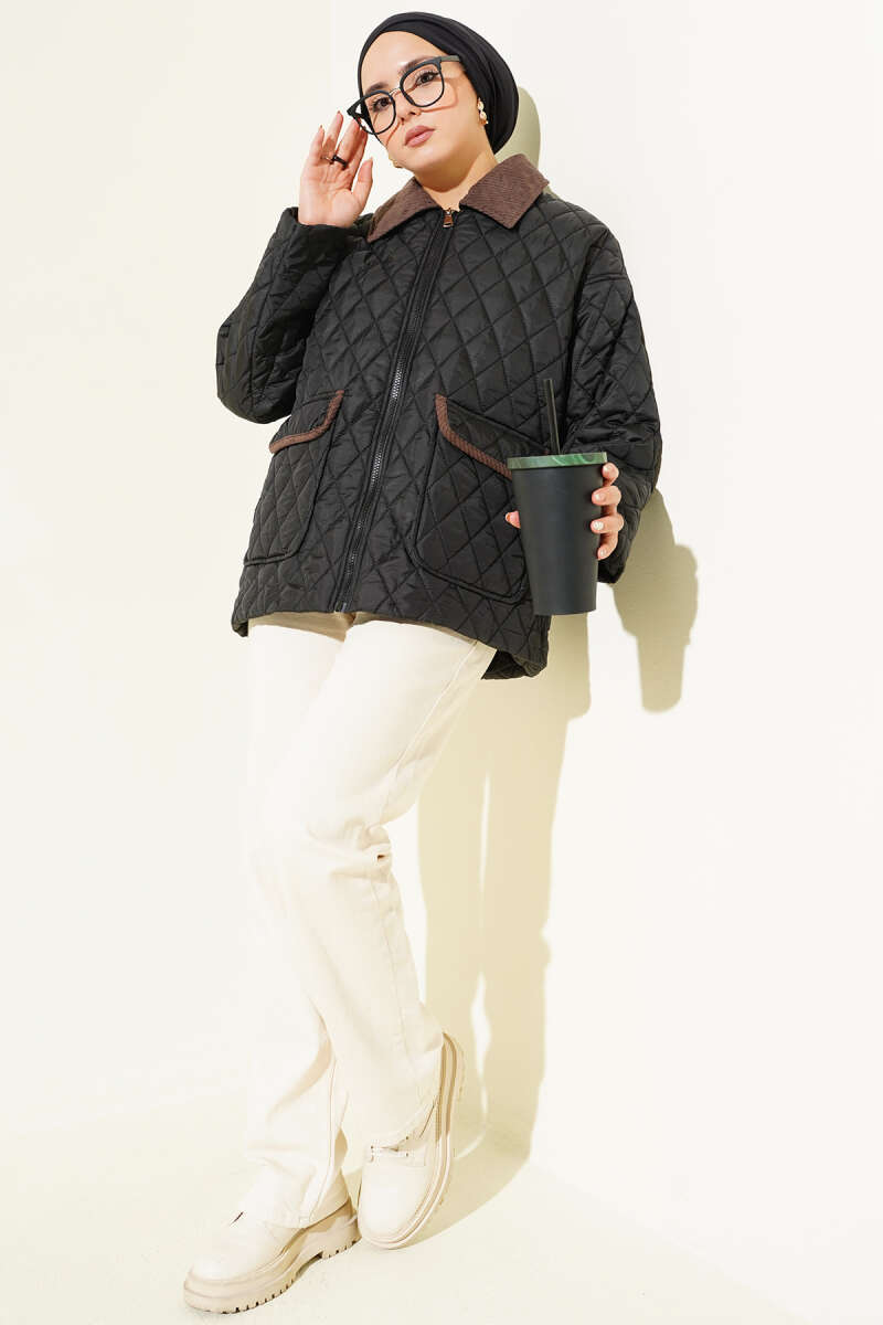 Kadife Yaka Kapitone Mont siyah