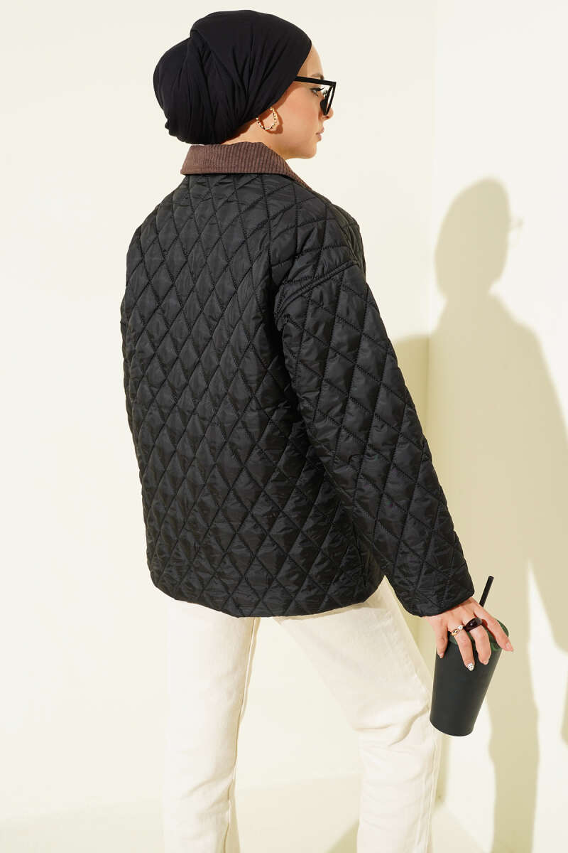 Kadife Yaka Kapitone Mont siyah