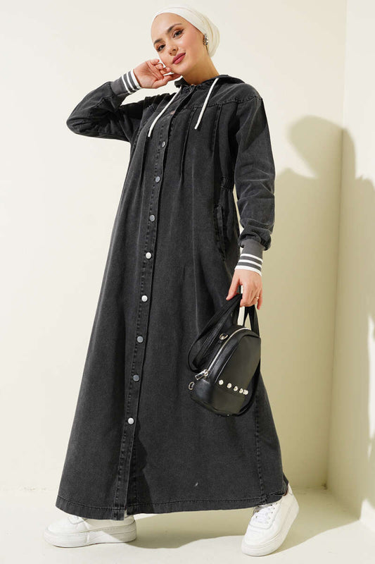 Boydan Düğmeli Kot Elbise kap Füme