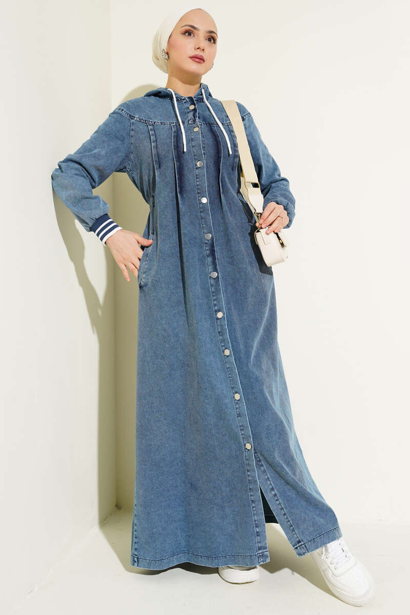 Kapüşonlu Boydan Düğmeli Kot Elbise kap