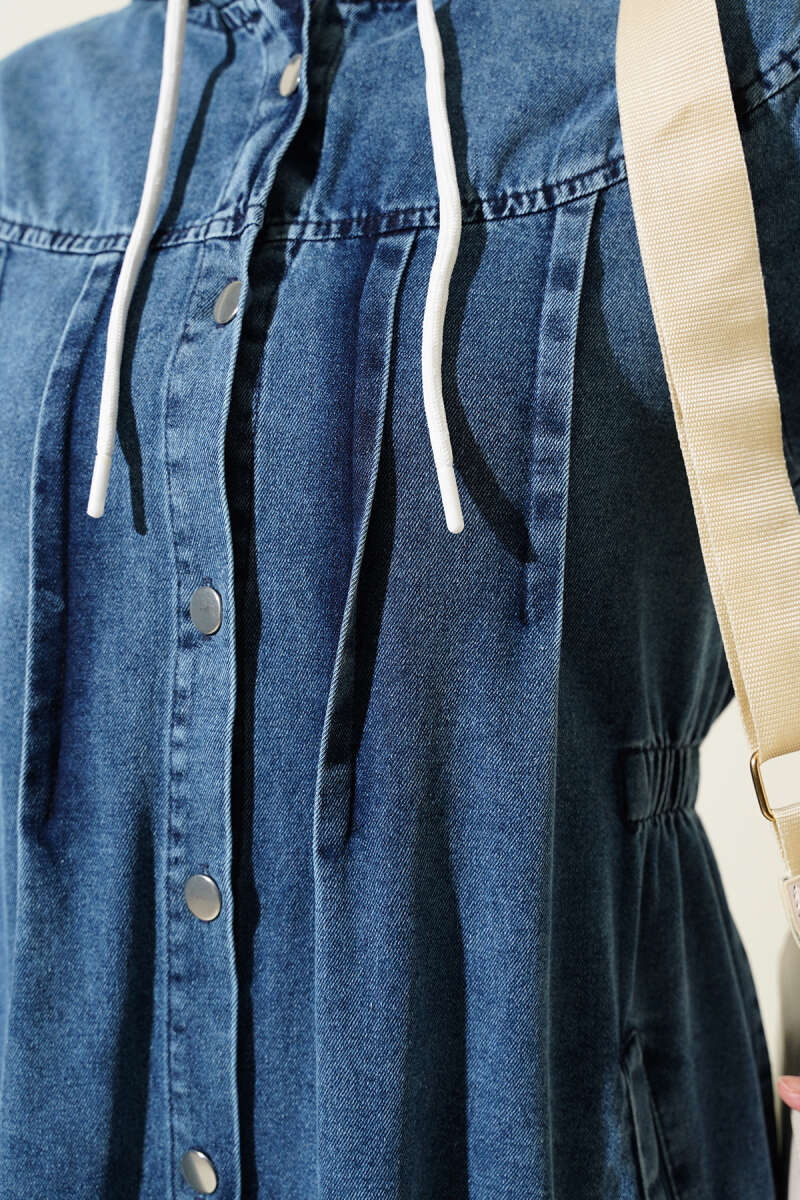 Kapüşonlu Boydan Düğmeli Kot Elbise kap