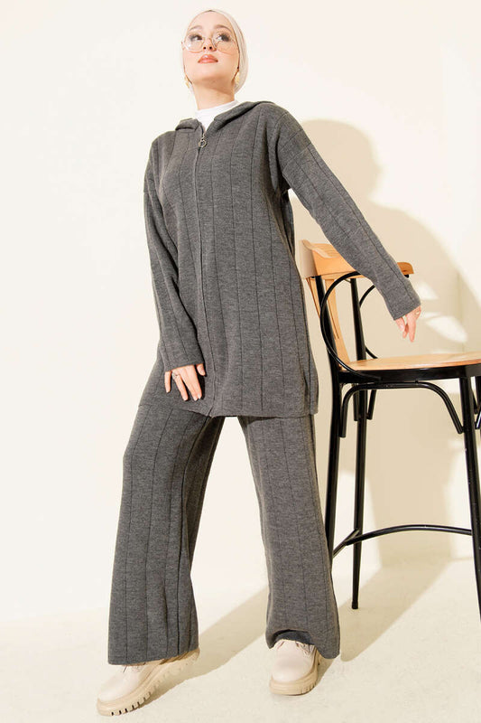 Kapüşonlu Fermuarlı Triko İkili Takım gri