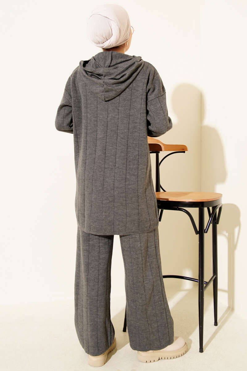 Kapüşonlu Fermuarlı Triko İkili Takım gri
