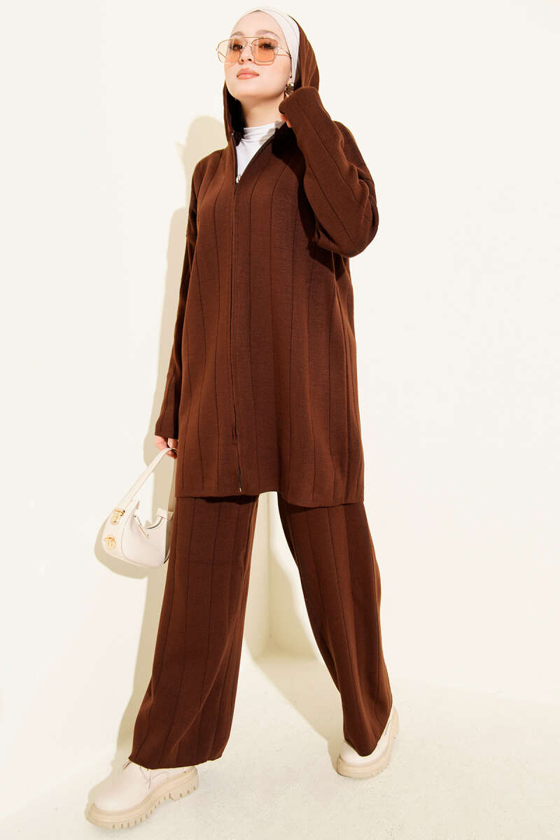 Kapüşonlu Fermuarlı Triko İkili Takım kahverengi