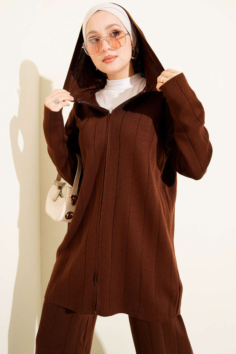 Kapüşonlu Fermuarlı Triko İkili Takım kahverengi