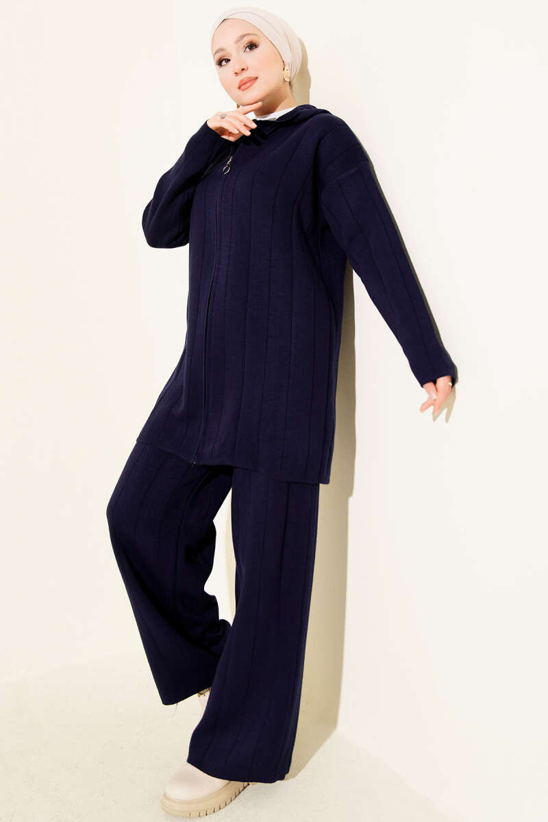Kapüşonlu Fermuarlı Triko İkili Takım Lacivert