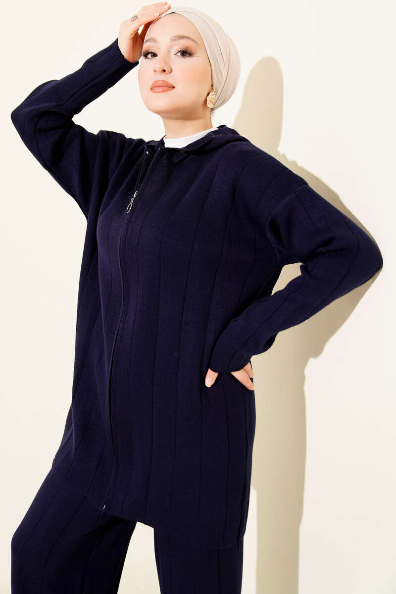 Kapüşonlu Fermuarlı Triko İkili Takım Lacivert