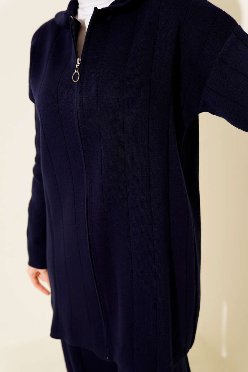 Kapüşonlu Fermuarlı Triko İkili Takım Lacivert