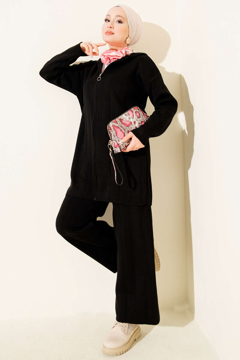 Kapüşonlu Fermuarlı Triko İkili Takım siyah