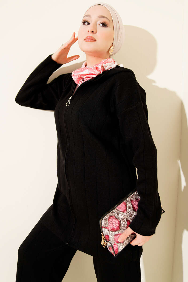 Kapüşonlu Fermuarlı Triko İkili Takım siyah