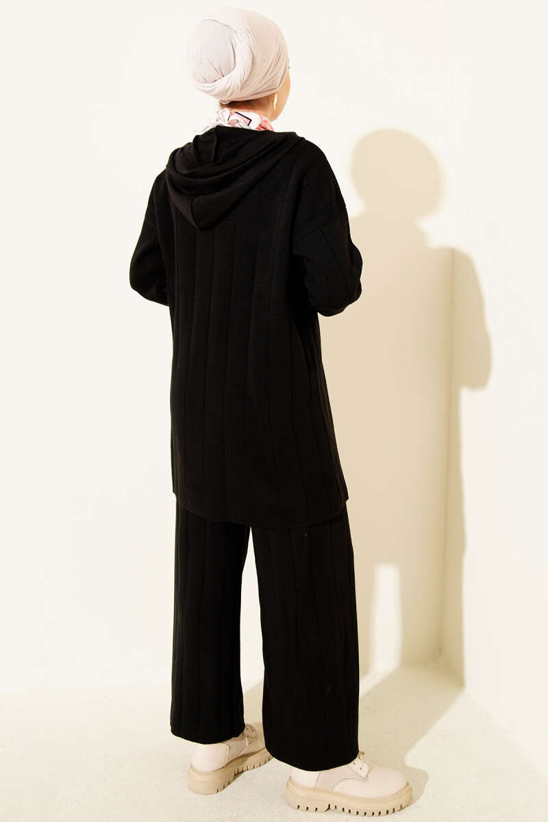 Kapüşonlu Fermuarlı Triko İkili Takım siyah