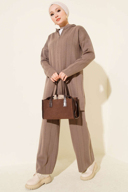 Kapüşonlu Fermuarlı Triko İkili Takım vizon